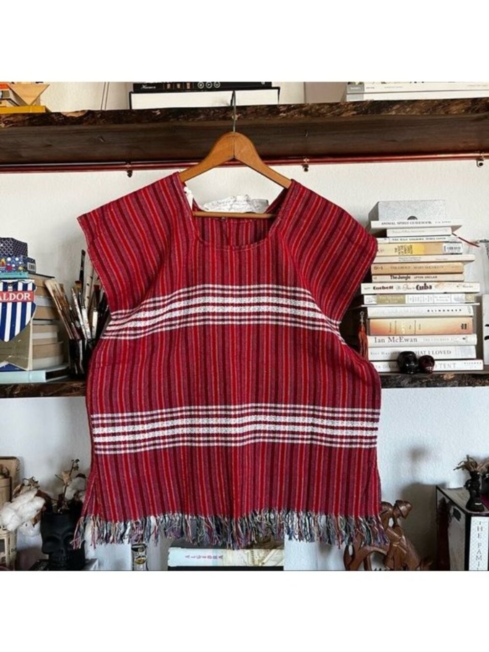 Mexican Tunic Striped Fringe Woven Boho Top Cover Up